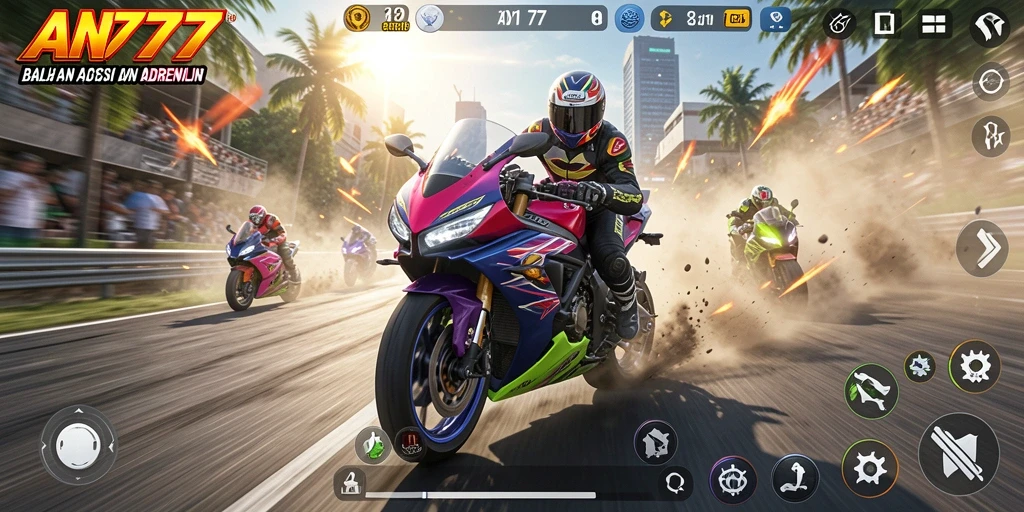 Gameplay mendebarkan dalam AN777 dengan balapan motor yang intens.