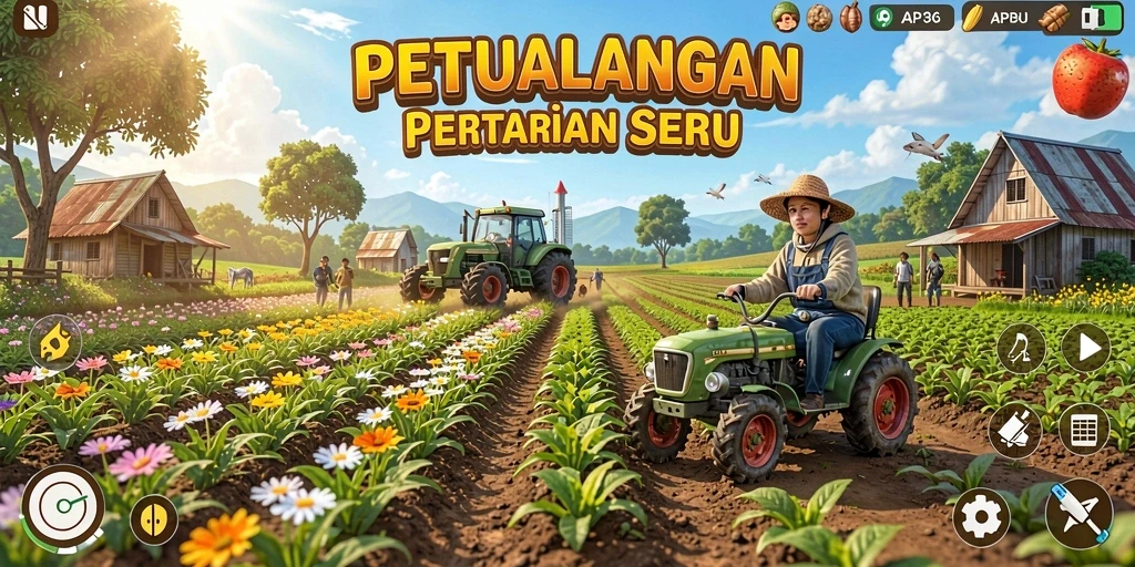 Tampilan gameplay seru API36 dengan ladang yang rimbun dan hewan peliharaan yang lucu.