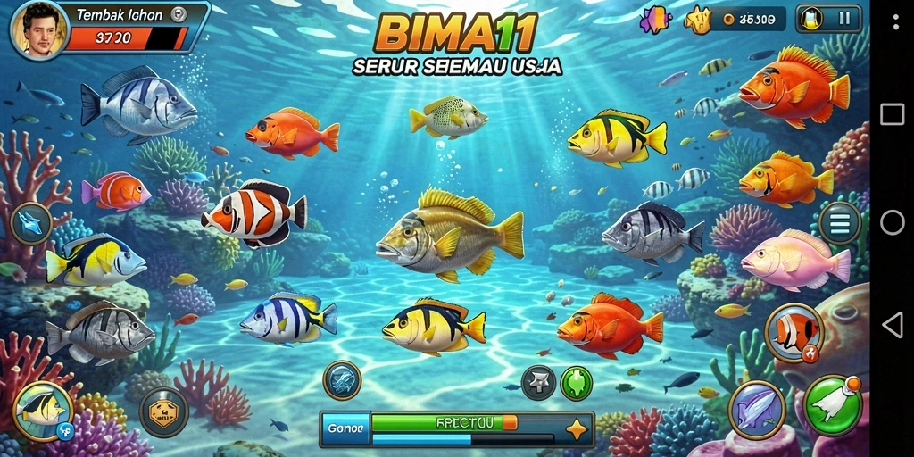 Screenshot utama BIMA11 menampilkan gameplay Tembak Ikan yang seru.