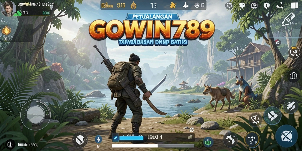 Screenshot GOWIN789 menampilkan pegunungan dan laut yang indah dalam gameplay Open World.