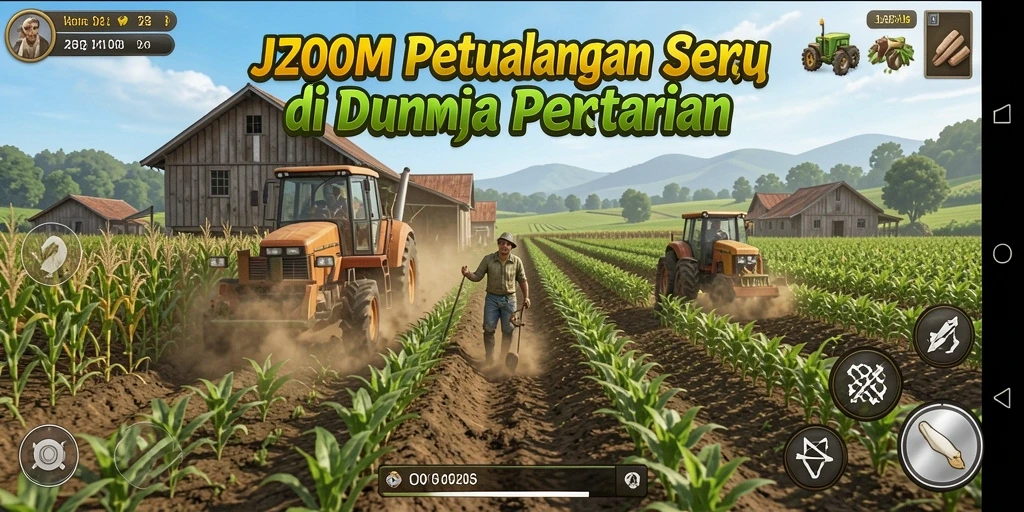 Screenshot gameplay J200M menampilkan kebun yang subur dan aktivitas menarik.