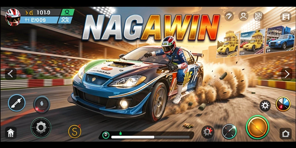 Tampilan gameplay seru dalam NAGAWIN dengan aksi balapan yang mendebarkan.