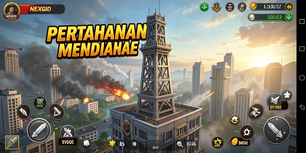 Tampilan screenshot NEXGID menampilkan aksi pertahanan menara yang intens.
