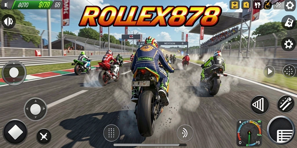 Screenshot gameplay ROLEX878 dengan balapan motor mendebarkan.