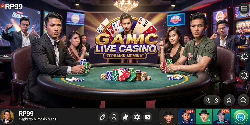 Screenshot gameplay RP99 yang menampilkan dealer langsung dan suasana kasino.