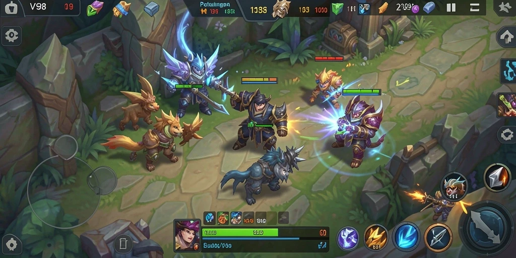 Screenshot utama V98 menampilkan aksi seru dalam gameplay MOBA.